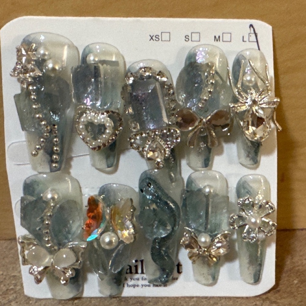 3D Press On Nails Long Coffin Blue Marble Silver Spider Snake Charms Size L